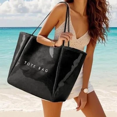 Women’s Large PVC Black Tote Bag Oversized Shopper Handbag with Shoulder Straps - Image 1 of 4