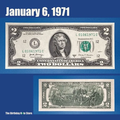 January 6, 1971 Birthday Anniversary $2 Two Dollar Bill Serial Number 01061971 - Image 1 of 2