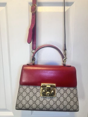Auténtico Bolso Bandolera Gucci Candado GG Supreme Rojo Rosa Cuero Asa Superior Foto 1 de 4