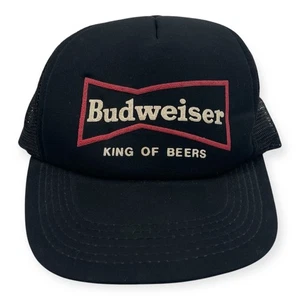 BUDWEISER Vintage Puff Print Trucker Hat Black Red King Of Beers - Picture 1 of 4