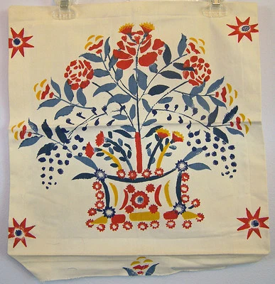 Screen Printed Fabric Basket of Flowers Red Orange Blue 20 x 20" Pillow or Quilt - Image 1 of 2