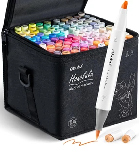 Ohuhu Alcohol Markers Brush Tip- 104-Color Double Tipped Alcohol Based Art Marke - Picture 1 of 12