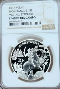 2006 FRANCE SILVER 1.5 EURO JULES VERNE NGC PF 69 ULTRA CAMEO SCARCE TOP POP - Picture 1 of 4
