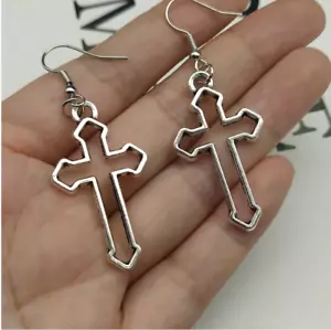 Cross Religious Earrings Hook Drop Dangle Silver Color Elegant Free Gift Bag UK - Picture 1 of 3