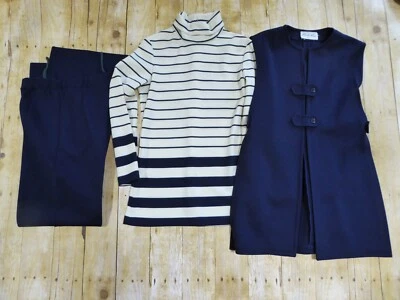 1960s Butte Knit 3 Piece Pants Top Open Swing Vest Navy Blue Stripe Nautical XS - Image 1 of 4