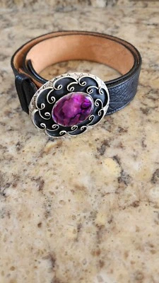 NOCONA Leather Western Belt Size 32 USA Made Purple Stone Buckle Vintage - Image 1 of 4