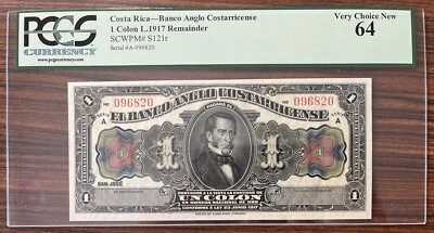 Costa Rica 1 Colon 1917 Remainder Uncirculated PCGS 64 Very Choice New #75565 - Image 1 of 2
