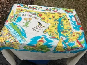Vintage 50s Maryland State Souvenir Silk Scarf Famous Points of Interest - Picture 1 of 11