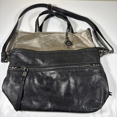 The Sak Brea Leather Convertible Tote Crossbody Bag Black Gold Expandable Zip - Image 1 of 4