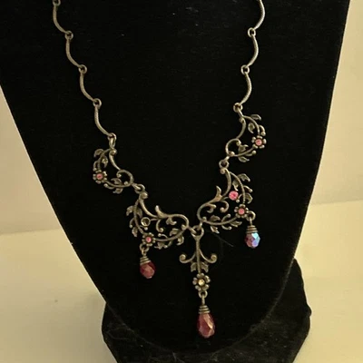 雅芳扇形面板项链黄铜红色珠子花卉Swag自然植物 — 第 1/4 张图片