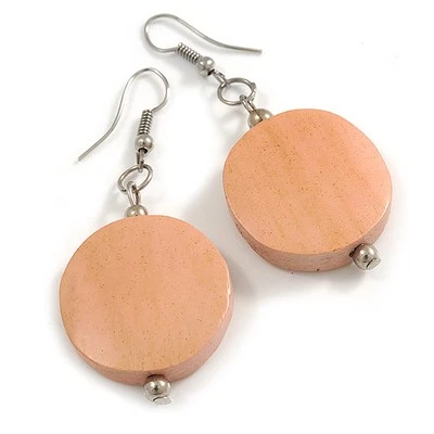 Pink Washed Wood Coin Drop Earrings - 55mm L - Image 1 of 4