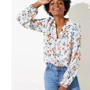 LOFT Women Floral Print Long Sleeve V Neck Tie Neck Blouse Shirt Top Size S - Picture 1 of 9