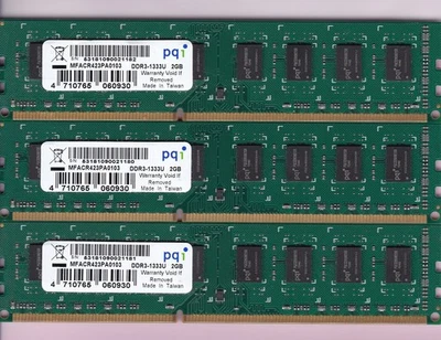 Kit de memoria RAM de escritorio DIMM 6 GB 3x2 GB PC3-10600 PQI MFACR423PA0103 DDR3-1333 Foto 1 de 2