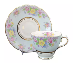 Colclough Pale Blue, gold gilt , w/Floral Bouquet Teacup and Saucer Vtg. granny - Picture 1 of 22