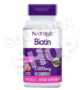 Natrol Biotin 5000 mcg 250 Tablets, Fast Dissolve, Strawberry Flavor Nail Hair - Picture 1 of 4