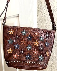 AMERICAN WEST TOOLED LEATHER SMALL CROSSBODY BAG  MULTI-COLOR STUDS & FLOWERS - Picture 1 of 11