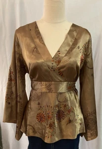 Jeans West Satin Tie Back, Asian Influence Dark Gold Top - Size 12. - Picture 1 of 4