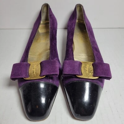 Salvatore Ferragamo винтажный фиолетовый замшевый кожаный бант насос низкий каблук размер 9 AAAA - Изображение 1 из 4