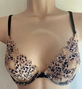Victoria's Secret black nude animal print sheer lace low cut boned bra 32D £59 - Picture 1 of 7
