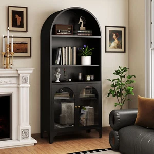 Metal Arched Cabinet Kitchen Pantry Cabinet with Glass Doors Adjustable Shelves - Picture 1 of 27