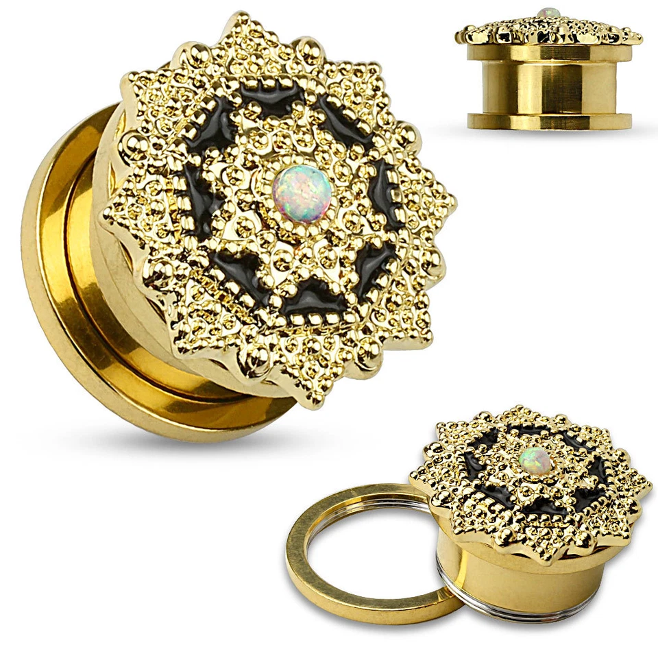 Par de tapones para los oídos túneles de carne de ajuste de tornillo superior escudo tribal ópalo chapado en oro de 14 quilates Foto 1 de 2