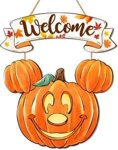 Thanksgiving Pumpkin Welcome Door Sign, Mouse Shaped Wooden Autumn Hanging Decor - Picture 1 of 12