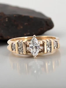 SET DUE FEDI NUZIALI VINTAGE ORO 14K DIAMANTE MARQUISE NATURALE MISURA 5,5 #8094 - Foto 1 di 6