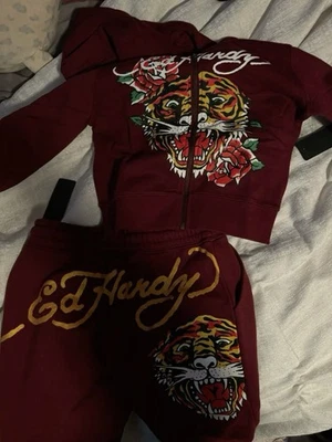 Ed Hardy Sudadera con Capucha Mujer S Borgoña Y2K Tigre Crop Cremallera Completa Roja Sudadera Moto Foto 1 de 3
