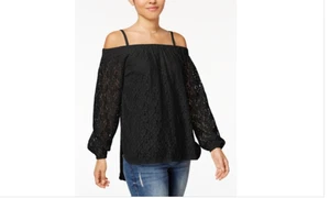 7 Sisters Juniors Off-the-Shoulder Lace High-Low Top (Black M) - Picture 1 of 1
