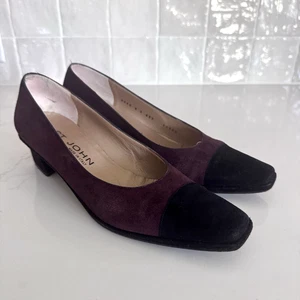 St. John Brown Suede Pumps Women's 8 Block Heal Square Black Toe Classic - Picture 1 of 8