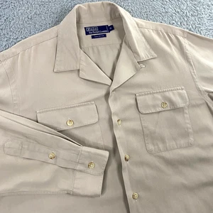 Vintage Polo Ralph Lauren Shirt Mens M Camp Loop Collar Beige Tan Flap Pockets - Picture 1 of 11