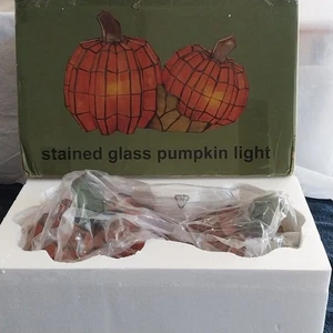 Vtg Tiffany Style Stained Glass Double Pumpkin Large Accent Light Lamp NEW - Picture 1 of 5