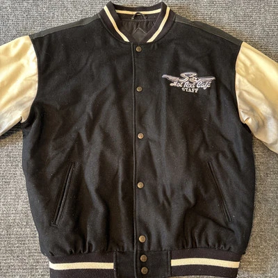 Steve & Barry's Hot Rod Cafe Varsity Jacket Men's Size M Snap Up Coat Beige - Image 1 of 4