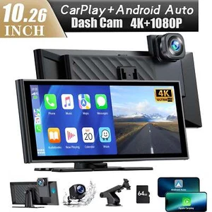 10.26"4K Dash Cam Car Stereo Radio Wireless Apple Carplay&Android Auto+1080P Cam - Picture 1 of 10