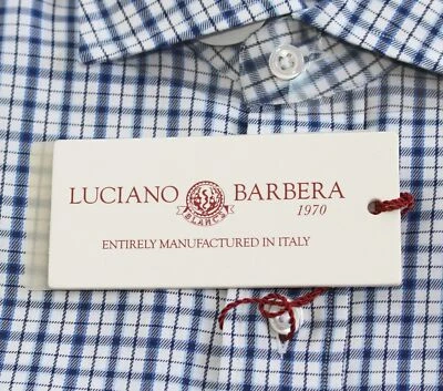 $265 New LUCIANO BARBERA Plaid Check Cotton Sport Shirt Men's SMALL S White Blue - Image 1 of 4