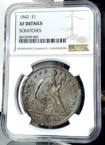 Rare - 1842 P $1 One Dollar Seated Liberty .900 Silver Coin NGC XF PM0074 Cover