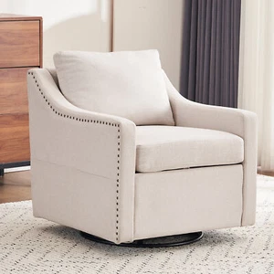 011-Linen Fabric 360° Swivel Accent Chair with Upholstered,One Back Pillow,Armre - Picture 1 of 12