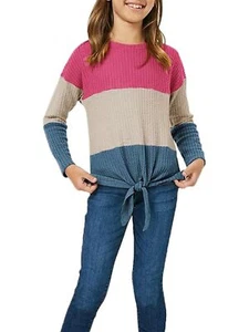 Girls Waffle Colorblock Tie Top Long Sleeve Casua T Shirt Knit Tunic Rose - Picture 1 of 2