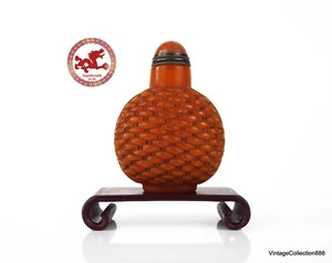 Antigua botella de tabaco china. Cristal naranja tallado con patrón tejido cesta - Imagen 1 de 9