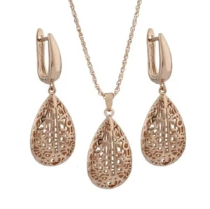 9ct Rose Gold filled Hollow Pear Water Drop Dangle Earrings Pendant Necklace Set - Picture 1 of 8