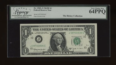 DBR 1963-B $1 FRN Kansas City Barr Fr. 1902-J Legacy 64 PPQ Serial J39700936C - Image 1 of 2