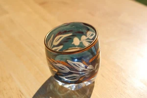 (1173) Vintage Etched Blue Glass Shot Glass - Gold Rim & Leaf design - Picture 1 of 9