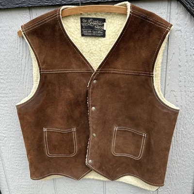 Vintage The Leather Shop Sears Vest Mens Large Brown Sherpa Lined Western Snap - Image 1 of 4