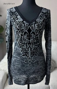 USA New VOCAL Womens CRYSTAL BLACK BURNOUT FLEUR DE LIS LONG SLEEVE SHIRT M Y2K - Picture 1 of 4