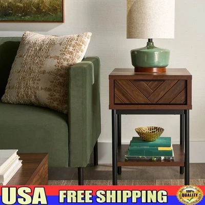 Walnut End Table W/ Herringbone Drawer Open Shelf Modern Accent Table Storage US - Image 1 of 4