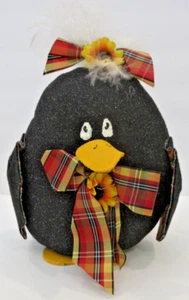 Handmade Cute Folk Art Penguin Weighted Door Stopper - Plaid Ribbon, Feathers 8" - Picture 1 of 8