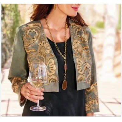 Jaqueta bordada Soft Surroundings mistura de linho oliva L Bolero miçangas fada quadrada - Imagem 1 de 4