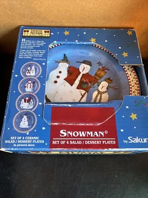 Debbie Mumm Sakura Set of 4 Snowman 8" Salad Dessert Plates Christmas - Image 1 of 2