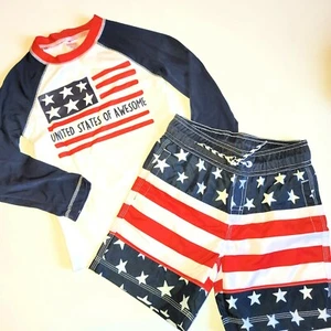 Gymboree sz 4 Boys Swim Set Rashguard Shorts 4th of July NWT American Flag Red - Picture 1 of 2