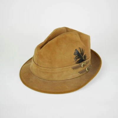 De Colección DOBBS Talla 7 1/4 Grande Marrón Tostado Gamuza Cuero FEDORA SOMBRERO GORRA PLUMA NEGRA Foto 1 de 4